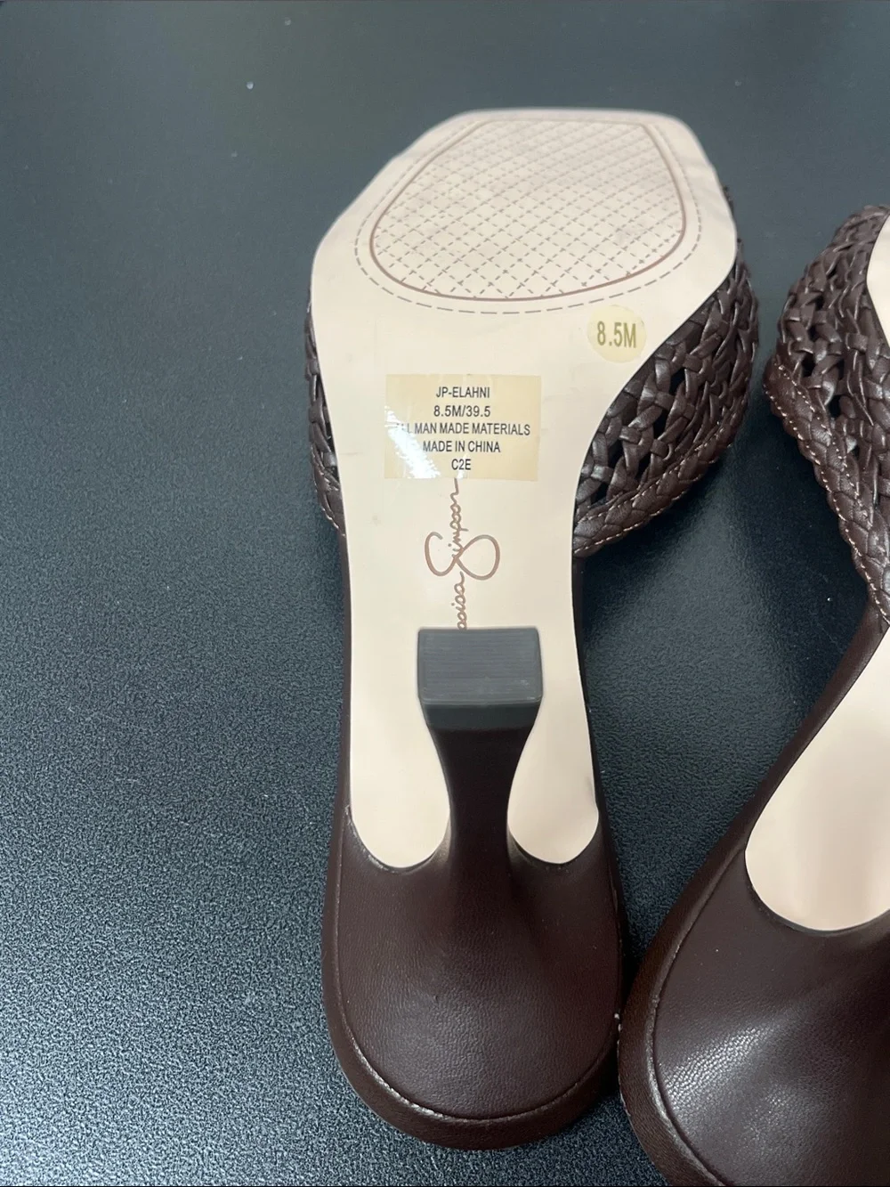Jessica Simpson Dark Brown Woven Faux Leather Square Toe Mule Heels
